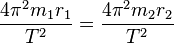  \frac{4\pi^2 m_{1}r_{1}}{T^2} = \frac{4\pi^2 m_{2}r_{2}}{T^2} 