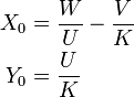 
\begin{align}
X_0 & = \frac{W}{U}-\frac{V}{K} \\
Y_0 & = \frac{U}{K}
\end{align}
