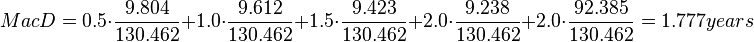 MacD = 0.5 \cdot \frac{9.804} { 130.462} + 1.0 \cdot \frac{9.612} { 130.462} + 1.5 \cdot \frac{9.423} { 130.462} + 2.0 \cdot \frac{9.238} { 130.462}  + 2.0 \cdot \frac{92.385} { 130.462}= 1.777 years 