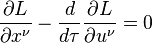  \frac{\partial L}{\partial x^\nu} - \frac{d}{d\tau}\frac{\partial L}{\partial u^\nu} = 0