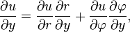 \frac{\partial u}{\partial y} = \frac{\partial u}{\partial r}\frac{\partial r}{\partial y} + \frac{\partial u}{\partial \varphi}\frac{\partial \varphi}{\partial y},