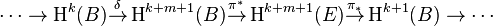 \cdots \rightarrow \operatorname{H}^k(B) \overset{\delta}\to \operatorname{H}^{k+m+1}(B) \overset{\pi^*} \rightarrow \operatorname{H}^{k+m+1}(E) \overset{\pi_*} \rightarrow \operatorname{H}^{k+1}(B) \rightarrow \cdots