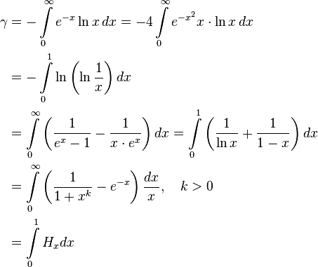 \begin{align}\gamma &= - \int\limits_0^\infty {e^{-x} \ln x }\,dx = -4\int\limits_0^\infty {e^{-x^2}x\cdot \ln x}\,dx\\
 &= -\int\limits_0^1 \ln\left(\ln\frac1{x}\right) dx \\
 &= \int\limits_0^\infty \left(\frac1{e^x-1}-\frac1{x\cdot e^x} \right)dx = \int\limits_0^1\left(\frac1{\ln x} + \frac1{1-x}\right)dx\\
 &= \int\limits_0^\infty \left(\frac1{1+x^k}-e^{-x}\right)\frac{dx}{x},\quad k>0\\
 &= \int\limits_0^1 H_{x} dx \end{align} 