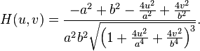 H(u,v) = \frac{-a^2 + b^2 - \frac{4u^2}{a^2} + \frac{4v^2}{b^2}}{a^2 b^2 \sqrt{\left(1 + \frac{4u^2}{a^4} + \frac{4v^2}{b^4}\right)^3}}. 