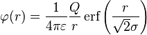  \varphi(r) = { 1 \over 4 \pi \varepsilon } \frac{Q}{r}\,\mbox{erf}\left(\frac{r}{\sqrt{2}\sigma}\right)