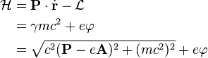 \begin{align}
\mathcal{H} & = \mathbf{P}\cdot\dot{\mathbf{r}} - \mathcal{L} \\
& = \gamma mc^2 + e \varphi \\
& = \sqrt{c^2(\mathbf{P} -e\mathbf{A})^2 + (mc^2)^2} + e \varphi 
\end{align}