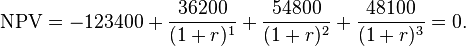 \mathrm{NPV} = -123400+\frac{36200}{(1+r)^1} + \frac{54800}{(1+r)^2} + \frac{48100}{(1+r)^3} = 0.