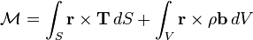 \mathcal M = \int_S \mathbf r \times \mathbf T\,dS + \int_V \mathbf r \times \rho\mathbf b\,dV