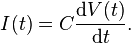 I(t) = C \frac{\mathrm{d}V(t)}{\mathrm{d}t}.