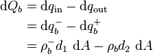 
\begin{align}
\mathrm d Q_b & = \mathrm d q_{\mathrm{in}} - \mathrm d q_{\mathrm{out}} \\
& = \mathrm d q_b^- - \mathrm d q_b^+ \\
& = \rho_b^- d_1\  \mathrm d A - \rho_b d_2\  \mathrm d A
\end{align}
