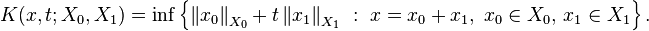 K(x, t; X_0, X_1) = \inf \left \{ \left \|x_0 \right \|_{X_0} + t \left \|x_1 \right \|_{X_1} \ :\  x = x_0 + x_1, \; x_0 \in X_0, \, x_1 \in X_1 \right \}.