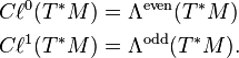 \begin{align}
C\ell^0(T^*M) &= \Lambda^{\mathrm{even}}(T^*M)\\
C\ell^1(T^*M) &= \Lambda^{\mathrm{odd}}(T^*M).
\end{align}