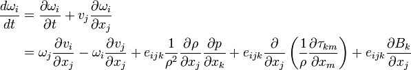 \begin{align}
\frac{d\omega_i}{dt} &= \frac{\partial \omega_i}{\partial t} + v_j \frac{\partial \omega_i}{\partial x_j} \\
&= \omega_j \frac{\partial v_i}{\partial x_j} 
- \omega_i \frac{\partial v_j}{\partial x_j} 
+ e_{ijk}\frac{1}{\rho^2}\frac{\partial \rho}{\partial x_j}\frac{\partial p}{\partial x_k}
+ e_{ijk}\frac{\partial}{\partial x_j}\left(\frac{1}{\rho}\frac{\partial \tau_{km}}{\partial x_m}\right)
+ e_{ijk}\frac{\partial B_k }{\partial x_j}
\end{align}