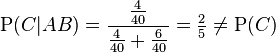 \mathrm{P}(C|AB) = \frac{\frac{4}{40}}{\frac{4}{40} + \frac{6}{40}} = \tfrac{2}{5} \ne \mathrm{P}(C)