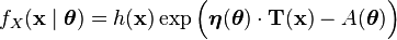  f_X(\mathbf{x}\mid\boldsymbol \theta) = h(\mathbf{x}) \exp\Big(\boldsymbol\eta({\boldsymbol \theta}) \cdot \mathbf{T}(\mathbf{x}) - A({\boldsymbol \theta})\Big)