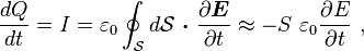  \frac {dQ}{dt} = \mathit I  =\varepsilon_0  \oint_{\mathcal S} d \mathbf{\mathcal S} \  \boldsymbol{ \cdot} \  \frac {\partial \boldsymbol {E} }{\partial t } \approx -{ S}\  \varepsilon_0  \frac {\partial  E}{\partial t}   \ , 