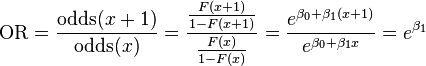  \mathrm{OR} = \frac{\operatorname{odds}(x+1)}{\operatorname{odds}(x)} = \frac{\frac{F(x+1)}{1 - F(x+1)}}{\frac{F(x)}{1 - F(x)}} 
                                        = \frac{e^{\beta_0 + \beta_1 (x+1)}}{e^{\beta_0 + \beta_1 x}} = e^{\beta_1}