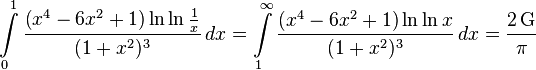  
\int\limits_0^1   \frac{\left(x^4-6x^2+1\right)\ln\ln\frac{1}{x}}{\,(1+x^2)^3\,}\, dx=
\int\limits_1^\infty \frac{\left(x^4-6x^2+1\right)\ln\ln{x}}{\,(1+x^2)^3\,}\, dx = \frac{2 \,\mathrm{G}}{\pi}
