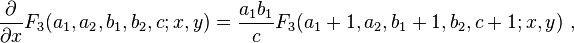 
\frac {\partial} {\partial x} F_3(a_1,a_2,b_1,b_2,c; x,y) = \frac {a_1 b_1} {c} F_3(a_1+1,a_2,b_1+1,b_2,c+1; x,y) ~,
