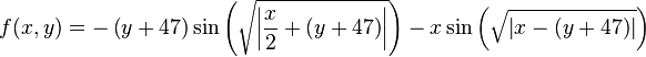 f(x,y) = - \left(y+47\right) \sin \left(\sqrt{\left|\frac{x}{2}+\left(y+47\right)\right|}\right) - x \sin \left(\sqrt{\left|x - \left(y + 47 \right)\right|}\right)