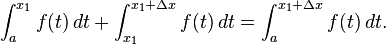 \int_{a}^{x_1} f(t) \,dt + \int_{x_1}^{x_1 + \Delta x} f(t) \,dt = \int_a^{x_1 + \Delta x} f(t) \,dt. 