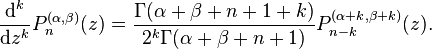 \frac{\mathrm d^k}{\mathrm d z^k} P_n^{(\alpha,\beta)} (z) = \frac{\Gamma (\alpha+\beta+n+1+k)}{2^k \Gamma (\alpha+\beta+n+1)} P_{n-k}^{(\alpha+k, \beta+k)} (z).