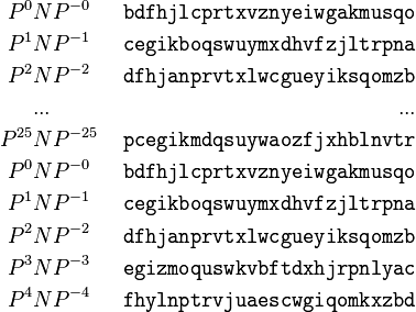 \begin{align}
P^{0}&NP^{-0}   &\ \texttt{bdfhjlcprtxvznyeiwgakmusqo} \\
P^{1}&NP^{-1}   &\ \texttt{cegikboqswuymxdhvfzjltrpna} \\
P^{2}&NP^{-2}   &\ \texttt{dfhjanprvtxlwcgueyiksqomzb} \\
&... &... \\
P^{25}&NP^{-25} &\ \texttt{pcegikmdqsuywaozfjxhblnvtr} \\
P^{0}&NP^{-0}   &\ \texttt{bdfhjlcprtxvznyeiwgakmusqo} \\
P^{1}&NP^{-1}   &\ \texttt{cegikboqswuymxdhvfzjltrpna} \\
P^{2}&NP^{-2}   &\ \texttt{dfhjanprvtxlwcgueyiksqomzb} \\
P^{3}&NP^{-3}   &\ \texttt{egizmoquswkvbftdxhjrpnlyac} \\
P^{4}&NP^{-4}   &\ \texttt{fhylnptrvjuaescwgiqomkxzbd} \\
\end{align}
