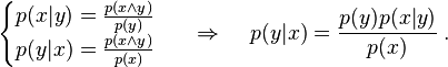 
\begin{cases}
p(x|y) = \frac{p(x\land y)}{p(y)}\\
p(y|x) = \frac{p(x\land y)}{p(x)}
\end{cases}
\;\;\Rightarrow \;\;\;\;
p(y|x) = \frac{p(y)p(x|y)}{p(x)}\;.
