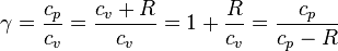 \gamma=\frac{c_p}{c_v}=\frac{c_v+R}{c_v}=1+\frac{R}{c_v} = \frac{c_p}{c_p-R}