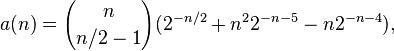 a(n)={n\choose n/2-1}(2^{-n/2} + n^2 2^{-n-5} - n2^{-n-4}),