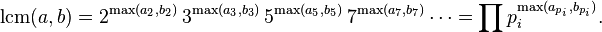 
\operatorname{lcm}(a,b)
=2^{\max(a_2,b_2)}\,3^{\max(a_3,b_3)}\,5^{\max(a_5,b_5)}\,7^{\max(a_7,b_7)}\cdots
=\prod p_i^{\max(a_{p_i},b_{p_i})}.
