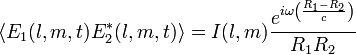 \langle E_1(l, m, t) E_2^*(l, m, t) \rangle = I(l, m) \frac{e^{i \omega \left( \frac{R_1 - R_2}{c} \right) }}{R_1 R_2}