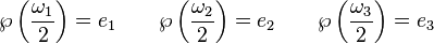 
\wp\left(\frac{\omega_1}{2}\right)=e_1\qquad
\wp\left(\frac{\omega_2}{2}\right)=e_2\qquad
\wp\left(\frac{\omega_3}{2}\right)=e_3
