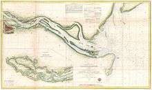 water map of the Savannah river from the city emptying out into the Atlantic with channel depths noted, an inset shows coast running north off the map towards Charleston SC