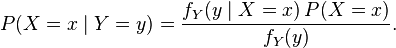  P(X=x\mid Y=y) = \frac{f_Y(y\mid X=x)\,P(X=x)}{f_Y(y)}.