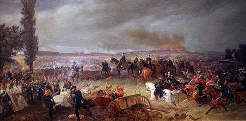 An oil painting of a battlefield, with several mounted cavalry in black; an indistinct city burning on the horizon.