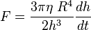 F=\frac{3\pi \eta\ R^4}{2h^3} \frac{d h}{d t}   