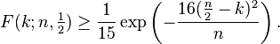  F(k;n,\tfrac{1}{2}) \geq \frac{1}{15} \exp\left(- \frac{16 (\frac{n}{2} - k)^2}{n}\right). \!