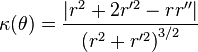 \kappa(\theta) = \frac{|r^2 + 2r'^2 - r r''|}{\left(r^2+r'^2 \right)^{3/2}}