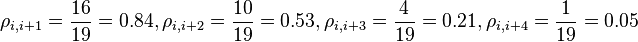 \rho_{i,i+1}={16\over 19} = 0.84, \rho_{i,i+2}={10\over 19}=0.53, \rho_{i,i+3}={4\over 19}=0.21, \rho_{i,i+4}={1\over 19}=0.05