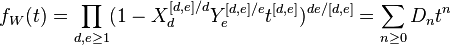 f_W(t)=\prod_{d,e\ge 1}(1-X_d^{[d,e]/d}Y_e^{[d,e]/e} t^{[d,e]})^{d e/[d,e]}=\sum_{n\ge 0}D_n t^n