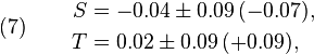 (7)\qquad\begin{align}
S &= -0.04 \pm 0.09\,(-0.07), \\
T &= 0.02 \pm 0.09\,( +0.09), 
\end{align}