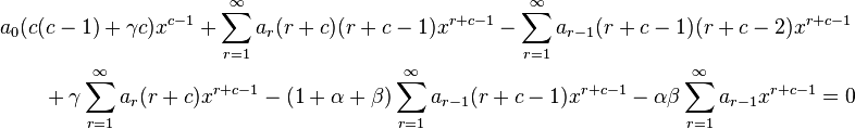 \begin{align}
&a_0 (c(c-1) + \gamma c) x^{c - 1}+ \sum_{r = 1}^\infty a_r(r + c)(r + c - 1) x^{r + c - 1} -\sum_{r = 1}^\infty a_{r - 1}(r + c - 1)(r + c - 2) x^{r + c - 1} \\ 
&\qquad + \gamma \sum_{r = 1}^\infty a_r(r + c) x^{r + c - 1}-(1 + \alpha + \beta) \sum_{r = 1}^\infty a_{r - 1}(r + c - 1) x^{r + c - 1}-\alpha \beta \sum_{r = 1}^\infty a_{r - 1} x^{r + c - 1}= 0
\end{align}