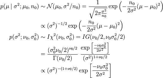 \begin{align}
p(\mu\mid\sigma^2; \mu_0, n_0) &\sim \mathcal{N}(\mu_0,\sigma^2/n_0) = \frac{1}{\sqrt{2\pi\frac{\sigma^2}{n_0}}} \exp\left(-\frac{n_0}{2\sigma^2}(\mu-\mu_0)^2\right) \\
&\propto (\sigma^2)^{-1/2} \exp\left(-\frac{n_0}{2\sigma^2}(\mu-\mu_0)^2\right) \\
p(\sigma^2; \nu_0,\sigma_0^2) &\sim I\chi^2(\nu_0,\sigma_0^2) = IG(\nu_0/2, \nu_0\sigma_0^2/2) \\
&= \frac{(\sigma_0^2\nu_0/2)^{\nu_0/2}}{\Gamma(\nu_0/2)}~\frac{\exp\left[ \frac{-\nu_0 \sigma_0^2}{2 \sigma^2}\right]}{(\sigma^2)^{1+\nu_0/2}} \\
&\propto {(\sigma^2)^{-(1+\nu_0/2)}} \exp\left[ \frac{-\nu_0 \sigma_0^2}{2 \sigma^2}\right]
\end{align}