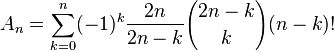 A_n=\sum_{k=0}^n (-1)^k \frac{2n}{2n-k} {2n-k\choose k} (n-k)!