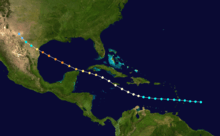 Map showing the track of a storm across seas and landmasses. The track begins at bottom-right and progresses generally towards the upper-left corner.