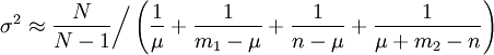 \sigma^2 \approx \frac{N}{N-1} \bigg/ \left( \frac{1}{\mu}+ \frac{1}{m_1-\mu}+ \frac{1}{n-\mu}+ \frac{1}{\mu+m_2-n} \right)