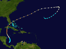 A track starts in the lowest part of a sea, goes straight up, and hits a large island. It curves to the right, passing between the large island and another large land mass. It hits some islands. It later hits another small island in the open ocean. It then curves downward and to the left. It ends.