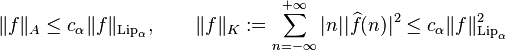 \|f\|_A\le c_\alpha \|f\|_{{\rm Lip}_\alpha},\qquad
\|f\|_K:=\sum_{n=-\infty}^{+\infty} |n| |\widehat{f}(n)|^2\le  c_\alpha \|f\|^2_{{\rm Lip}_\alpha}