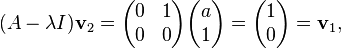  (A-\lambda I) \bold v_2 =  \begin{pmatrix} 0 & 1\\ 0 & 0 \end{pmatrix} \begin{pmatrix}a \\1 \end{pmatrix} =
\begin{pmatrix}1 \\0 \end{pmatrix} = \bold v_1,